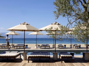 Amanzoe's beach club. Amanzoe's beach club.